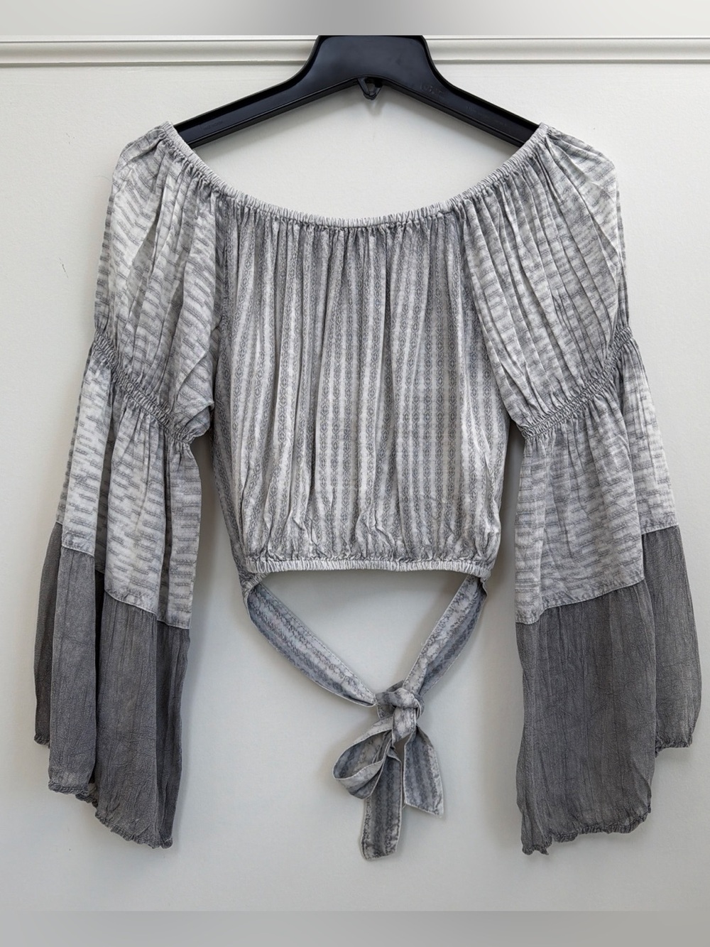Young Threads Whimsygoth Grey Patchwork Crop Top XL Bell Sleeve Boho NWT